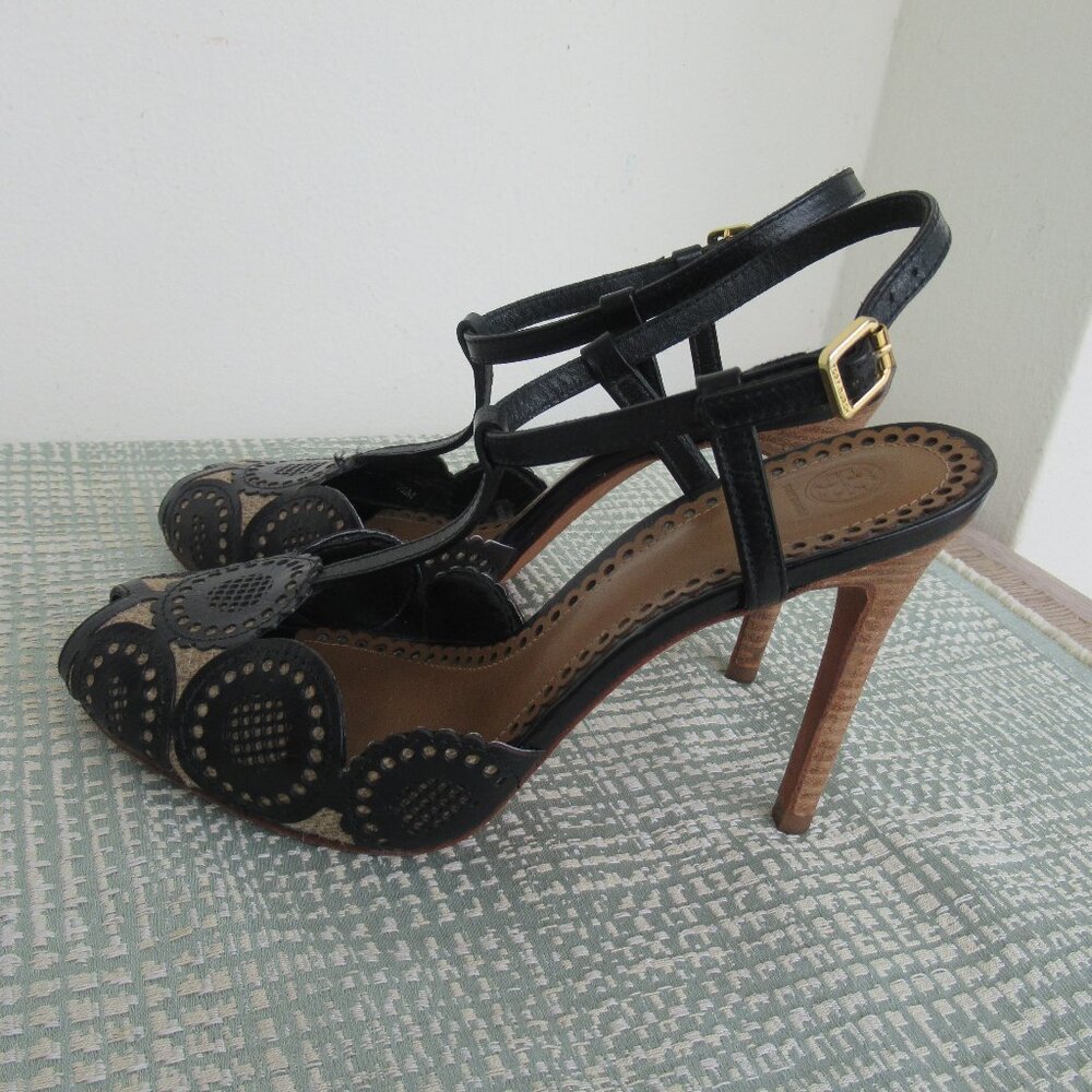 TORY BURCH, ALEXA Genuine Leather Peep Toe High Heel Sandal Black & Tan Sz. 6.5 - Picture 8 of 13